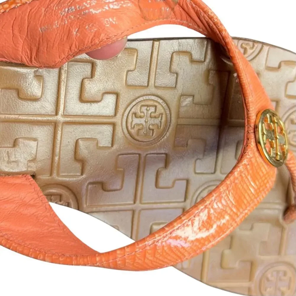 Tory Burch Thora Logo Orange Leather Thong Flip-Flop Flat Sandal Women's Size 9